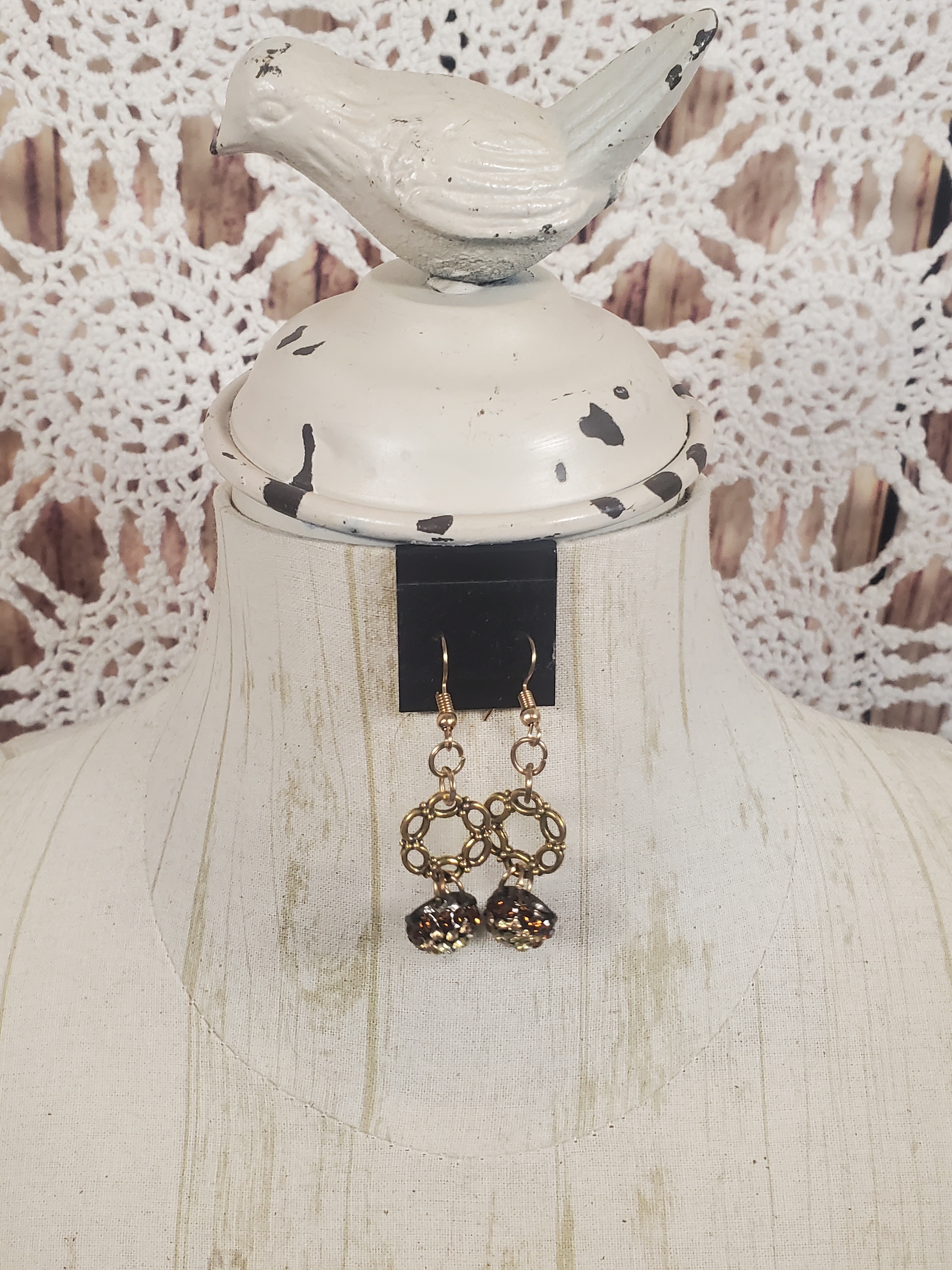 Gold-Tone Filigree Hoop Earrings With Brown Crystal Drops